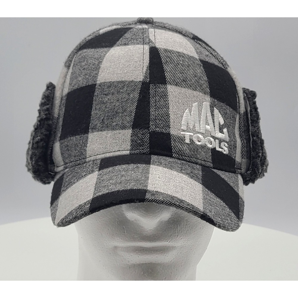 Rare Mac Tools Plaid Trapper Winter Hat Cap Grey Black Berber Fleece Ear Flaps